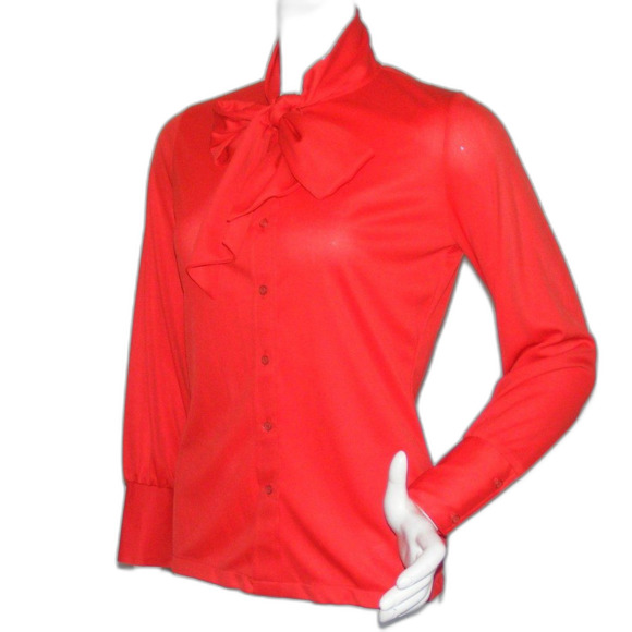 JOYCE Blouse, S, Red Poly, Neck Bow, Long Sleeves, Wide cuffs, VINTAGE - Picture 3 of 9